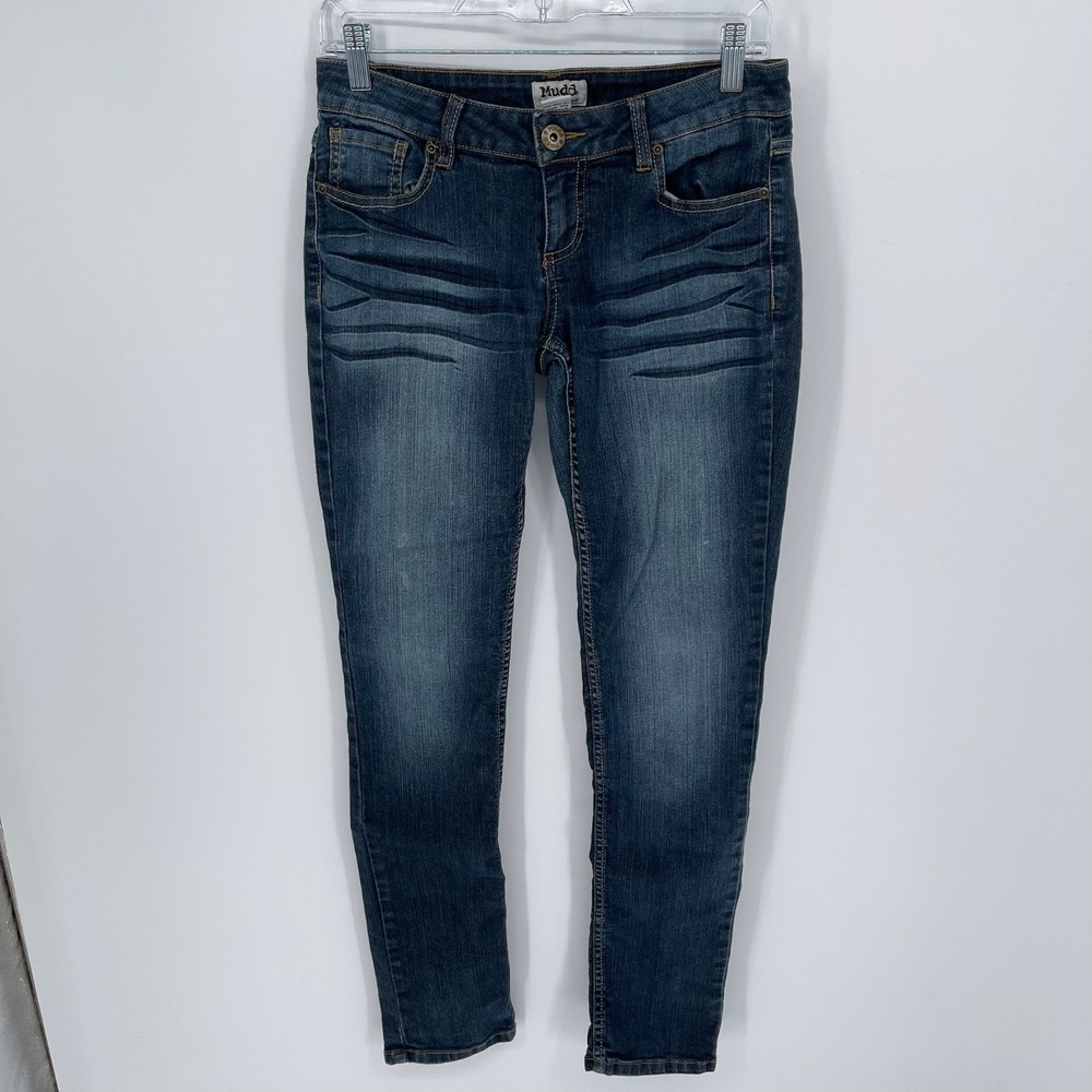 Mudd Women's Dark Wash Whiskered Embroidered Skinny Jeans Size 7